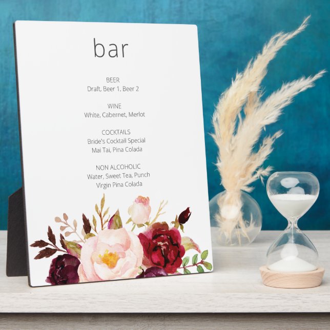 Plaque Photo Burgundy Marsala Rose Floral Bar Signal Easel Blan (Côté)