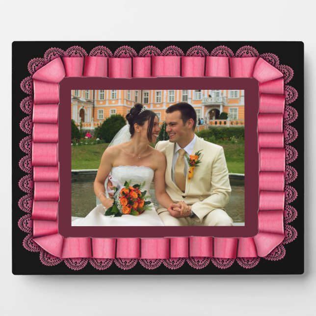 Plaque Photo Cadre de ruban en dentelle rose photo Mariage pers (Devant)