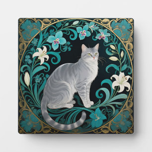Plaque Photo Cadre floral orné de chat gris