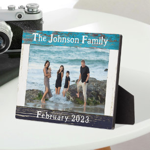Plaque Photo Cadre photo de famille en bois bleu rustique 13 x
