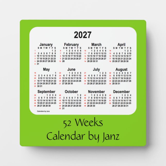 Plaque Photo Calendrier de 52 semaines 2027 Jaune vert par Janz (Devant)