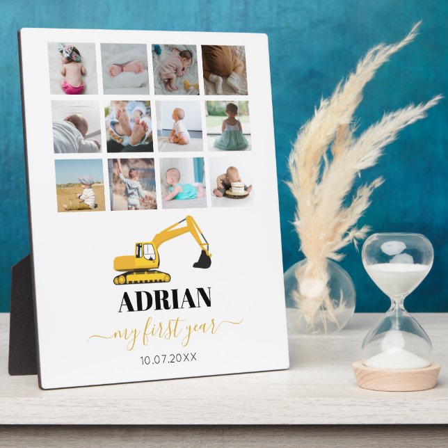 Plaque Photo Camion Excavateur Bébé Première année Photo Collag (Côté)