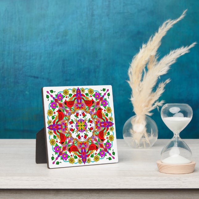 Plaque Photo Cardinal et fleurs Mandala (Insitu)