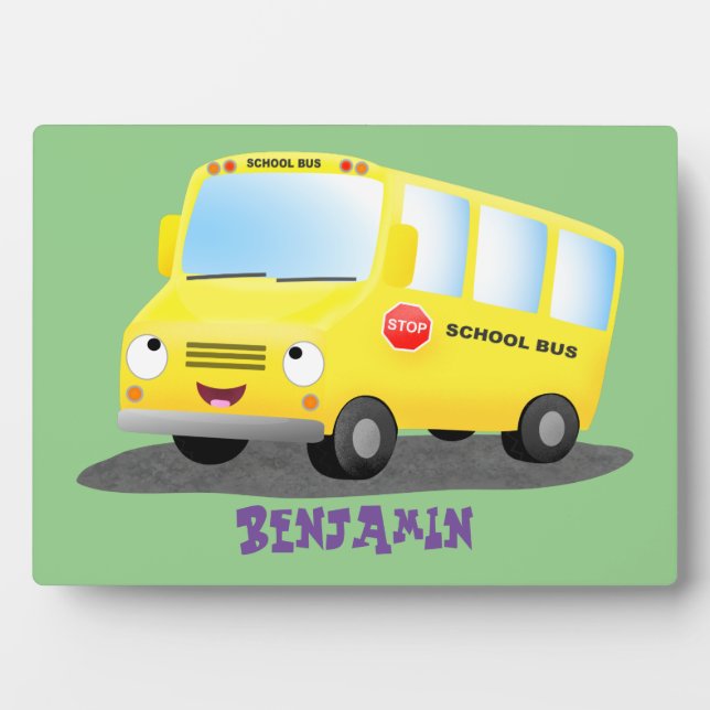 Plaque Photo Caricature du bus scolaire jaune joyeux (Devant)