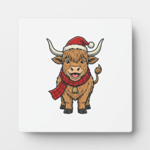Plaque Photo Chapeau de Santa Cow Highland Noël Vintage Vector_