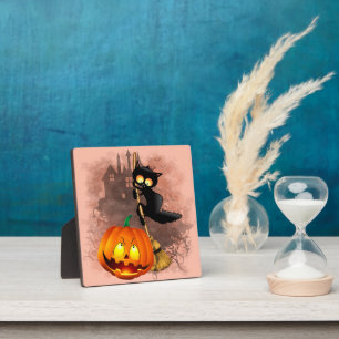 Plaque Photo Chat effrayé par Citrouille Fun Halloween caractèr