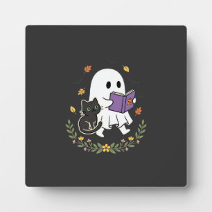 Plaque Photo Chat fantôme d'Halloween lisant un livre floral De