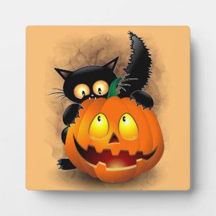 Plaque Photo Chat Fun Halloween Caractère mordant un Citrouille
