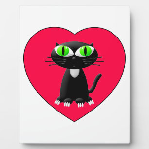 Plaque Photo Chat noir dans le coeur rouge