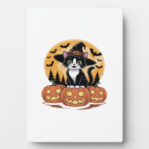 Plaque Photo Chat Tuxedo Halloween Sorcière Citrouilles Mignonn