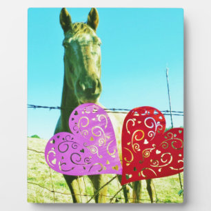 Plaque Photo Cheval blond et Coeurs rose et rouge