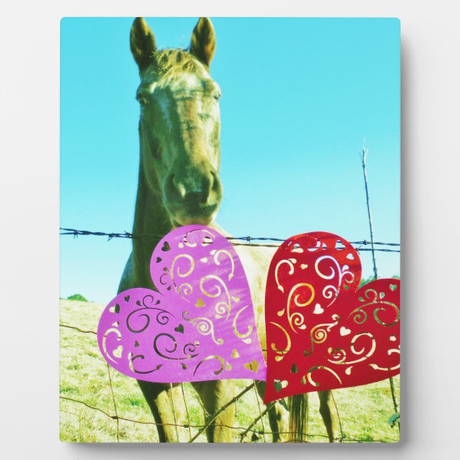 Plaque Photo Cheval blond et Coeurs rose et rouge (Devant)