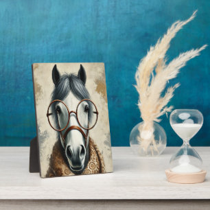Plaque Photo Cheval élégant avec lunettes - Art Vintage amusant
