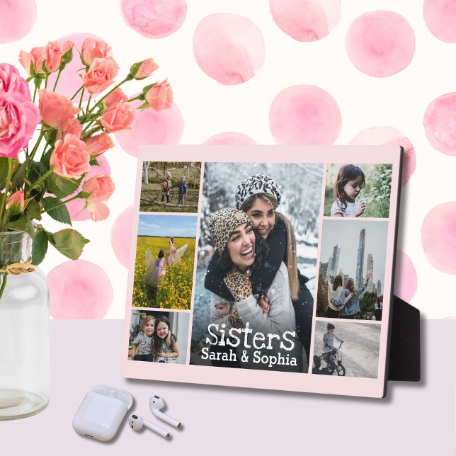 Plaque Photo Chic Soft Pink White Text Sisters Photo Collage (Créateur téléchargé)