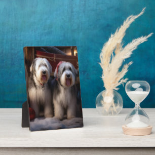 Plaque Photo Chien de berger anglais ancien Noël Traîneau Décor