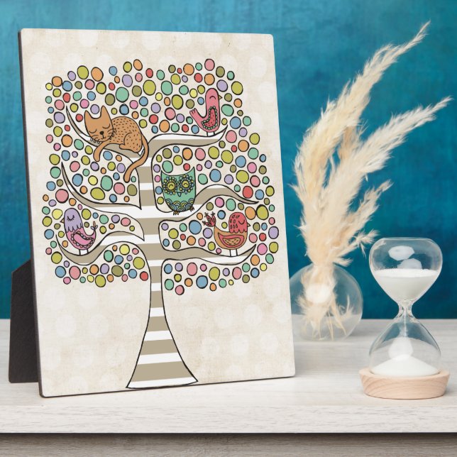 Plaque Photo Chouette chatte et oiseaux dans un arbre Illustrat (Côté)