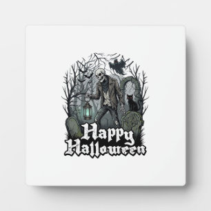 Plaque Photo Citerne de squelette de Halloween heureux Chat noi