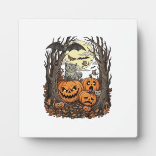 Plaque Photo Citrouilles d'Halloween Chat Gris Chauve-Souris Pl