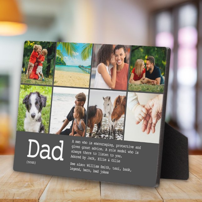 Plaque Photo Collage de photos personnalisé avec définition de  (Custom Dad Definition Photo Collage Gray Plaque)