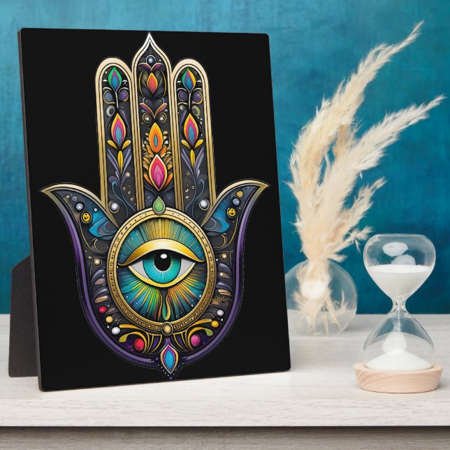 Plaque Photo Colorful Black Gold Hamsa w/ Turquoise Third Eye (Côté)