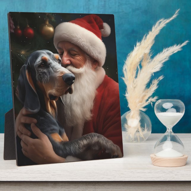 Plaque Photo Coonhound Bluetick avec Noël au Père Noël (Côté)