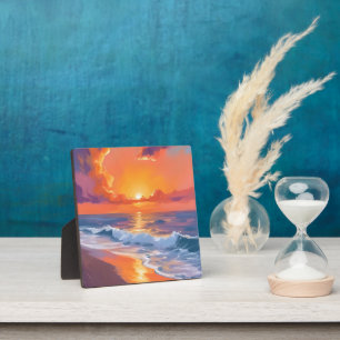 Plaque Photo Coucher de soleil orange heure dorée plage océan p