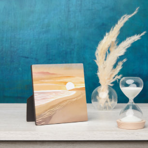 Plaque Photo Coucher de soleil sur la plage aquarelle   Beau ja