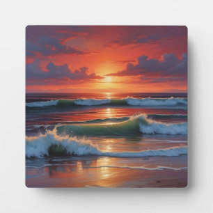 Plaque Photo Coucher Rouge Océan Peinture de paysage marin