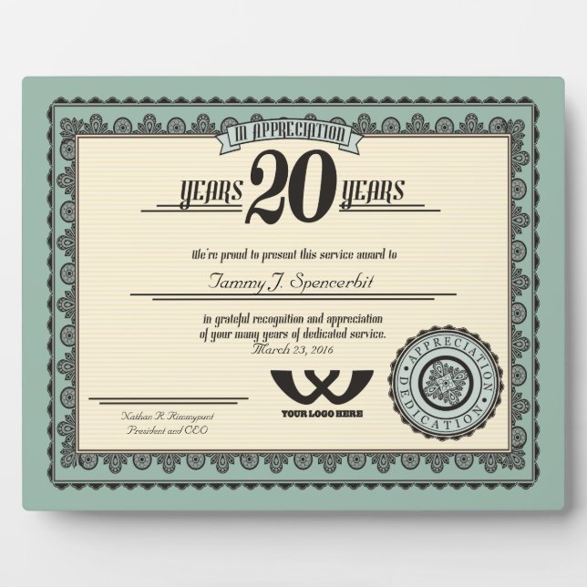 Plaque Photo Couleur personnalisée Prix de service 20 ans pour  (Devant)