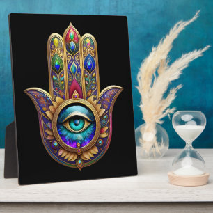 Plaque Photo Couleurs de Paon Doré Hamsa Saphir Vert Troisième 