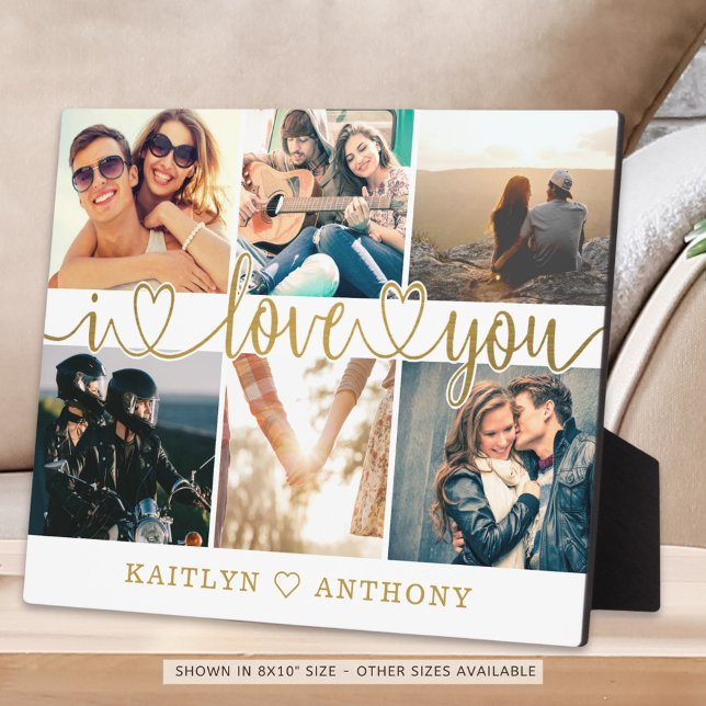 Plaque Photo Couple I LOVE YOU Photo Collage Gold Script Hearts (Créateur téléchargé)
