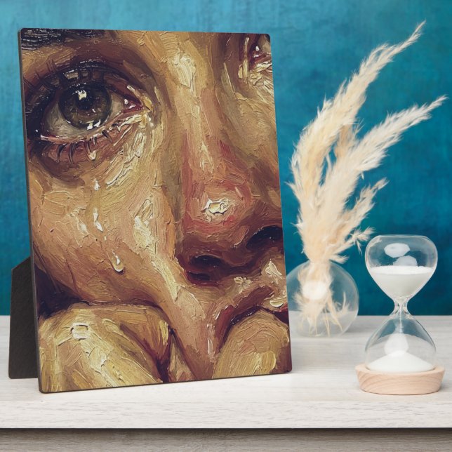 Plaque Photo Crying Portrait Oil Painting — Textured Emotional  (Côté)
