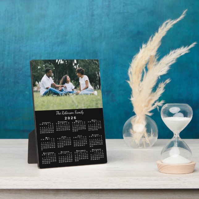 Plaque Photo Custom Photo and Name 2026 Calendar Black Desktop (Côté)