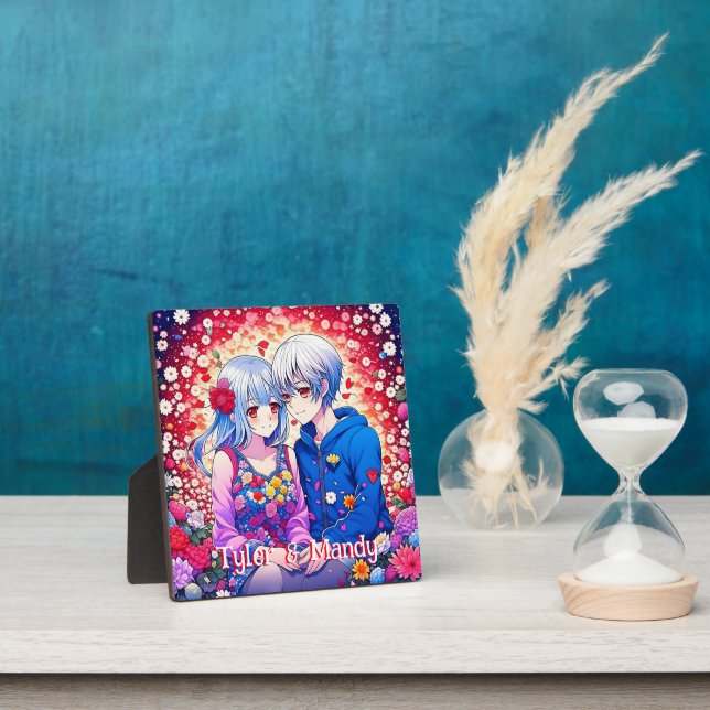 Plaque Photo Cute Anime Couple, Fleurs et Coeurs Personnalisé (Insitu)