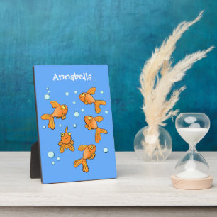 Plaque Photo Cute orange goldfish on blue cartoon illustration