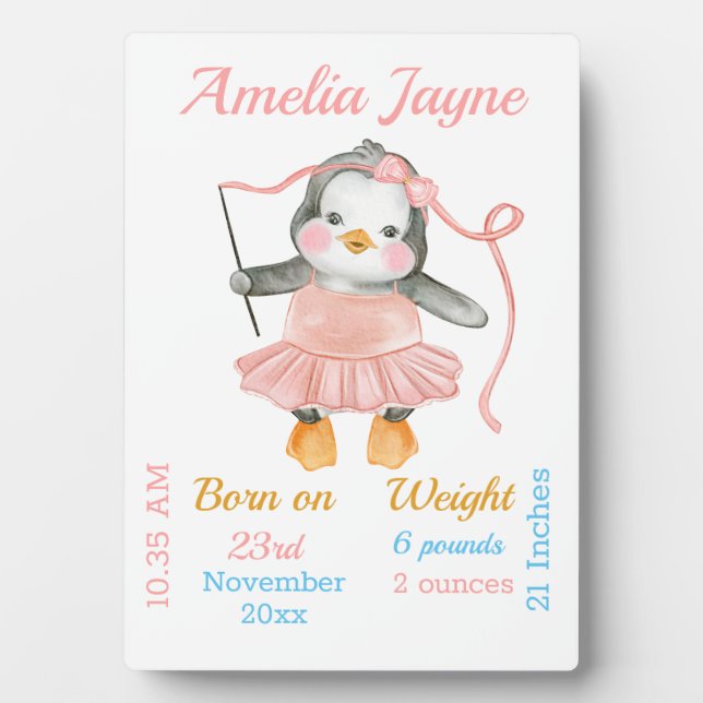 Plaque Photo Cute Penguin Ballerina Rose Baby Girl Statistiques (Devant)