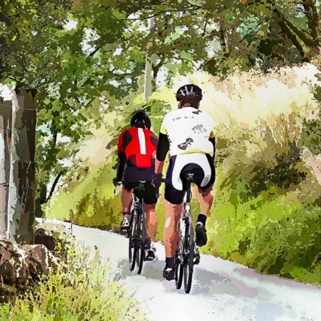 PLAQUE PHOTO CYCLISME (Two road racing cyclists enjoying the country lanes of Wales. Watercolor.)