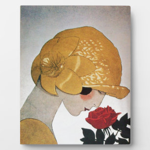 PLAQUE PHOTO DAME AVEC ROSE ROUGE