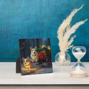 Plaque Photo Décor de Noël Corgi Snowy Sleigh