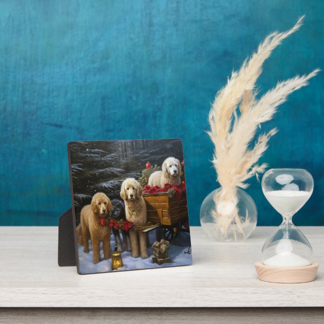 Plaque Photo Décor de Noël Goldendoodle Snowy Sleigh (Insitu)