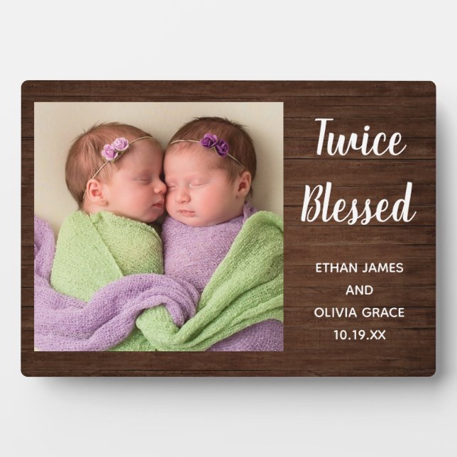Plaque Photo Deux fois bienheureux Twin Baby Photo Noms de nais (Devant)