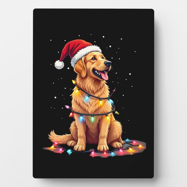 Plaque Photo Dog Golden Retriever Santa Christmas Xmas Lights ( (Devant)