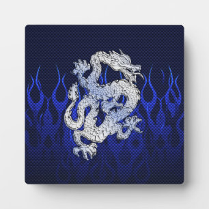 Plaque Photo Dragon Bleu dans Chrome Carbon course flammes