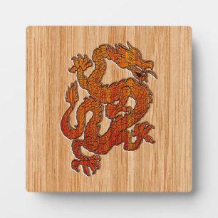 Plaque Photo Dragon Oriental Rouge en Bambou