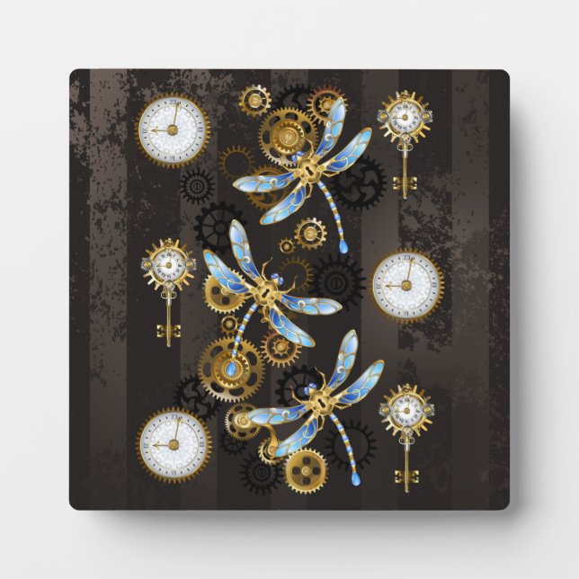 Plaque Photo Dragonflies de Steampunk sur arrière - plan rayé b (Devant)