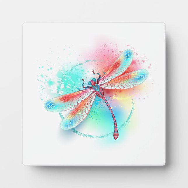 Plaque Photo Dragonfly rouge sur l'arrière - plan aquarelle (Devant)