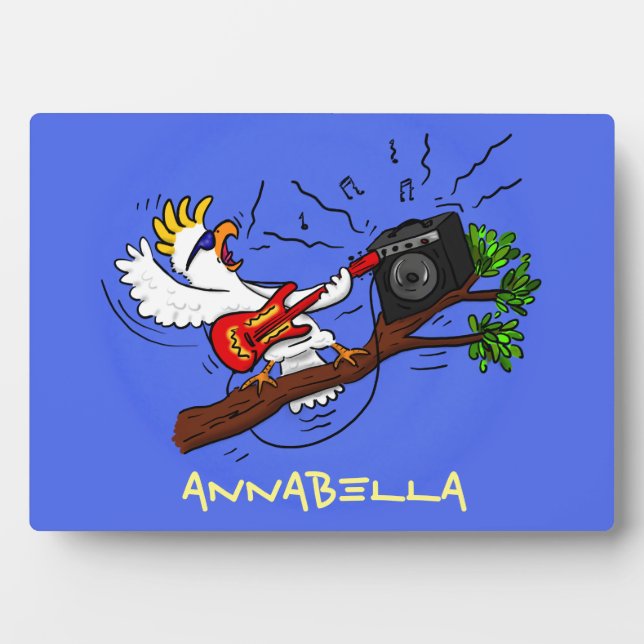 Plaque Photo Drôle cockatoo jouant de la guitare rock dessin an (Devant)