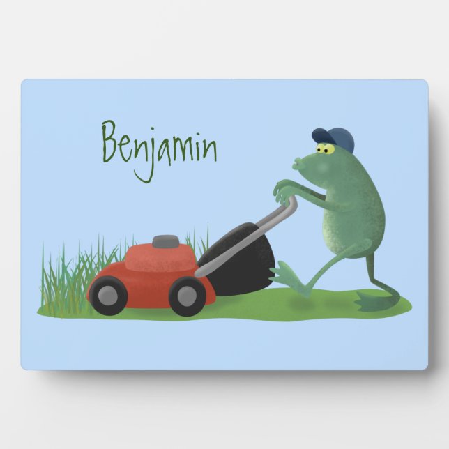 Plaque Photo Drôle grenouille verte tondre la pelouse dessin (Devant)
