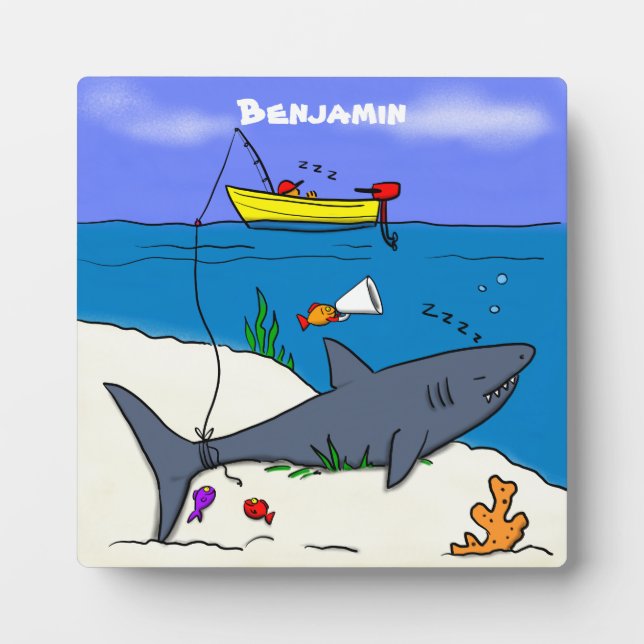 Plaque Photo Drôle requin couché et dessin animé de pêche (Devant)
