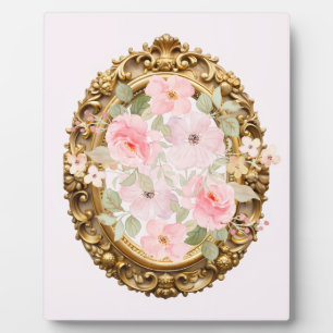 Plaque Photo Elégant cadre Or avec Fleurs Aquarelles Roses